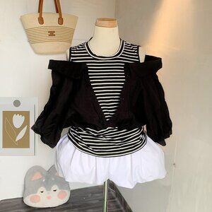 Striped Top Black Cold Shoulder Jacket Set 🖤